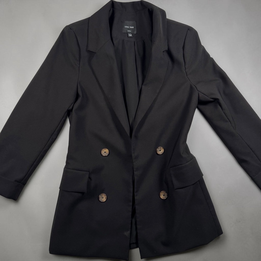 Love Tree Modern Double Breasted Blazer Tortoiseshell Button Stretch Black Small